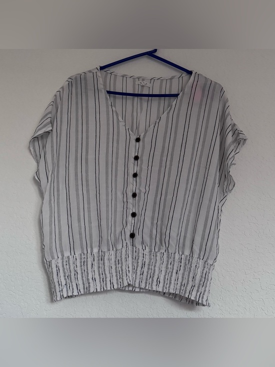 Maurices Tops - Maurices White and Gray Striped Button-Front V-Neck Blouse
